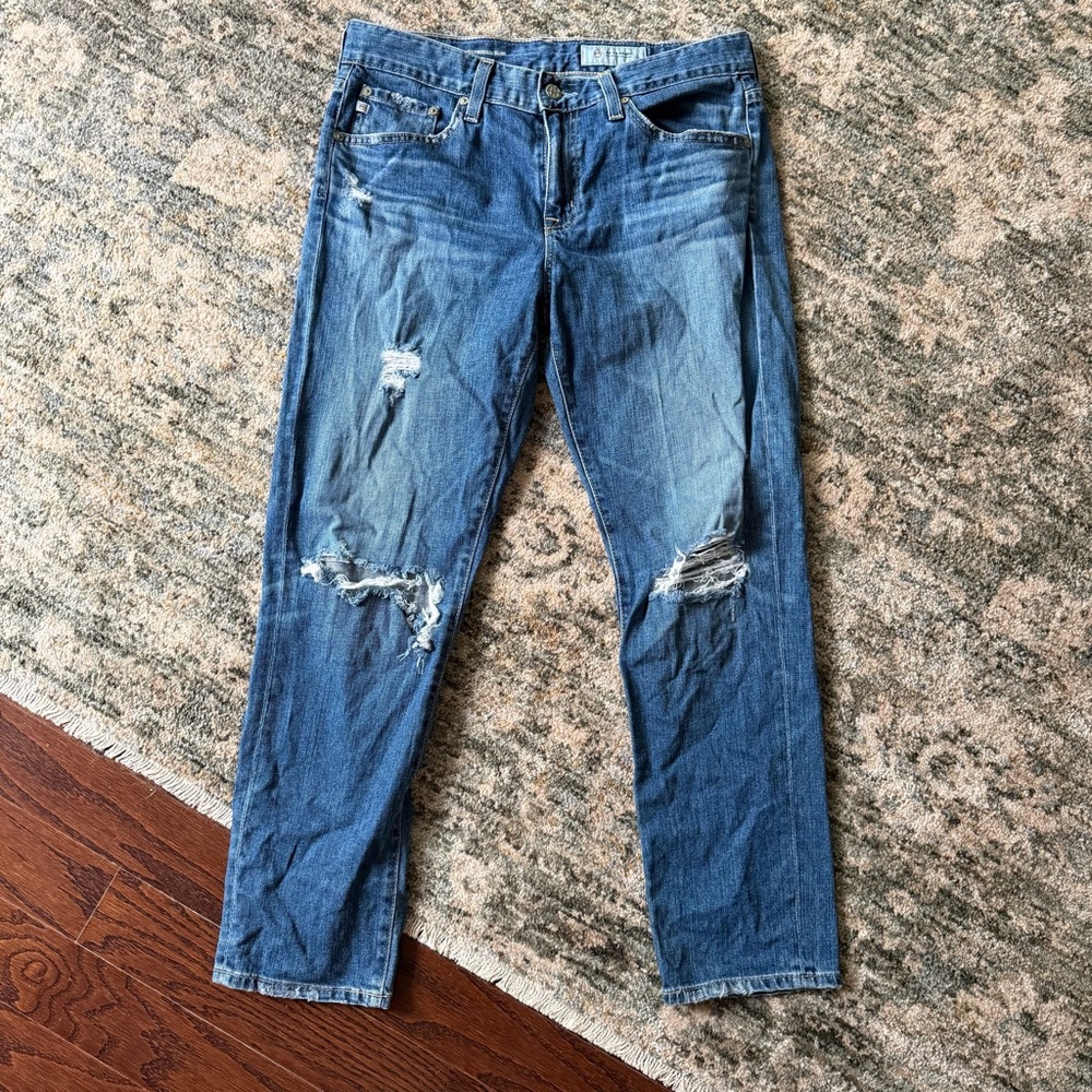 AG Adriano Goldschmied Women's Distressed Blue Boyfriend Jeans